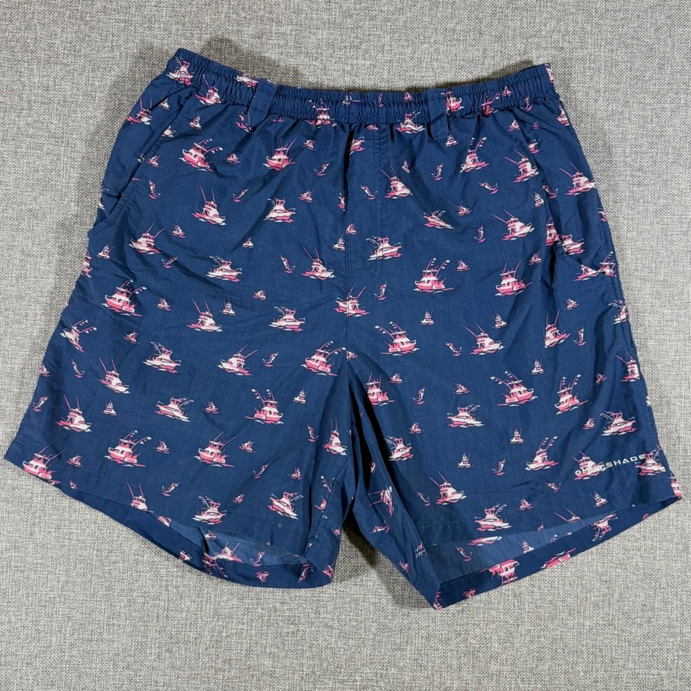 Columbia PFG Fishing Shorts Mens Large Navy Pink Boat Print Omni-Shade Coastal